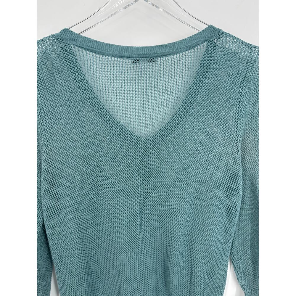 Peruvian Connection cardigan pima cotton M open knit mesh V neck button teal - Picture 4 of 7